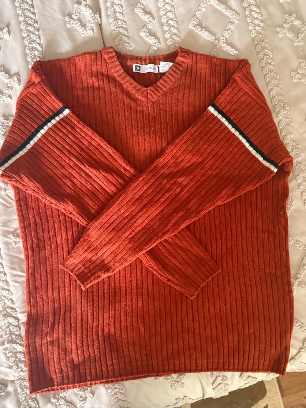 Men's V-Neck Ribbed Sweater in Burnt Orange with Sleeve Stripe